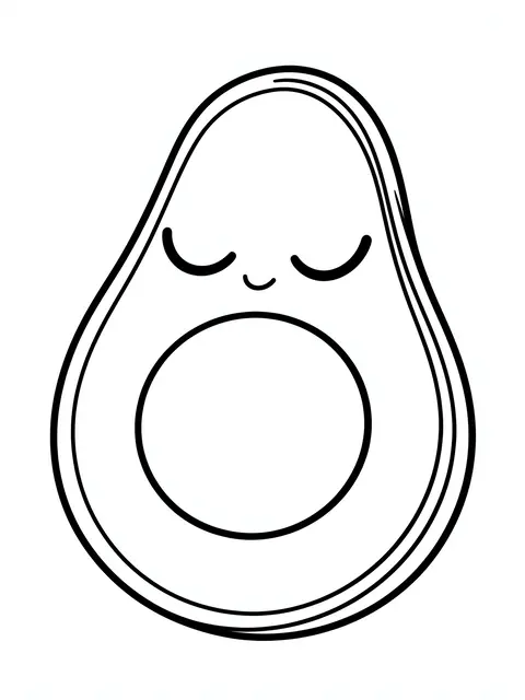Bold black and white line drawing of a cute avocado half with a sleepy smiling face on a plain white background