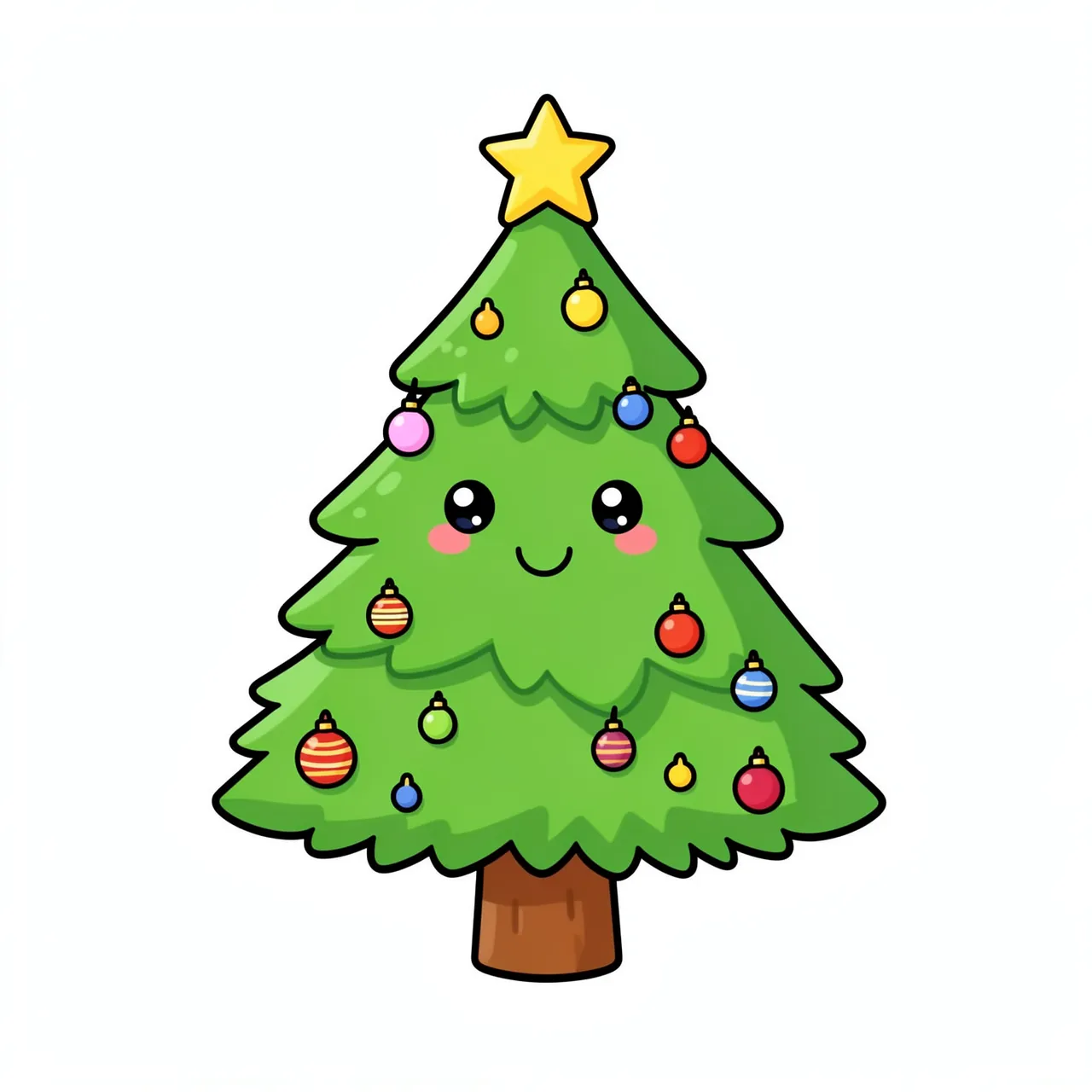 Cute cartoon kawaii Christmas tree with a smiling face, colorful ornaments and a star topper, isolated on white