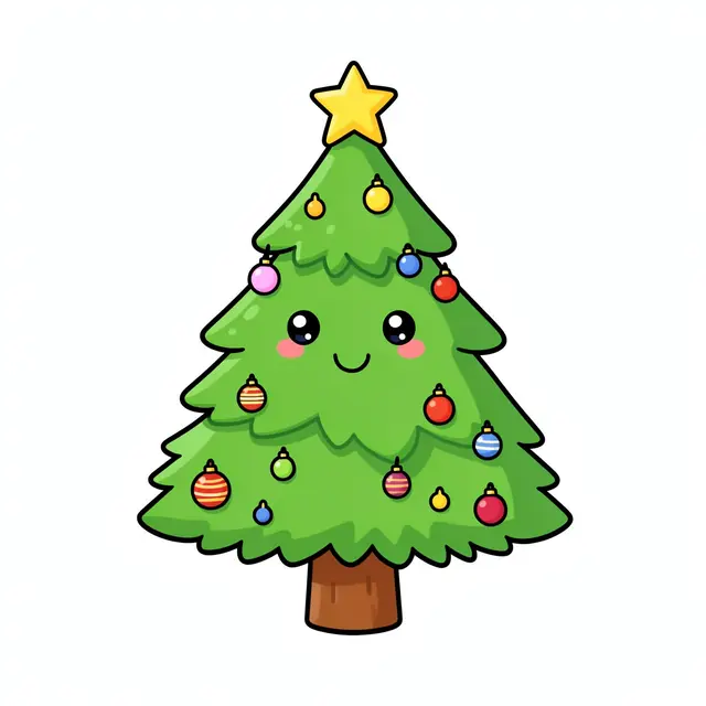 Cute cartoon kawaii Christmas tree with a smiling face, colorful ornaments and a star topper, isolated on white