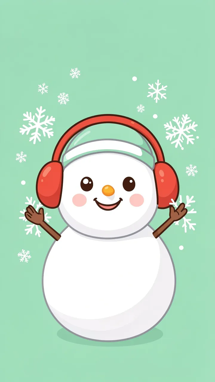 A cute smiling snowman in red earmuffs catches falling snowflakes on a mint green background