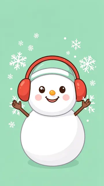 A cute smiling snowman in red earmuffs catches falling snowflakes on a mint green background