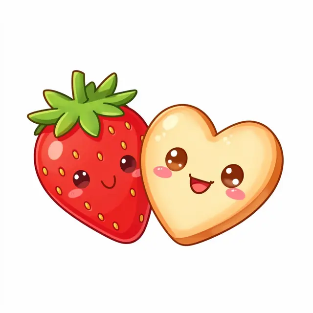 Cute cartoon kawaii illustration of a smiling strawberry and happy heart shaped cookie against a plain white background