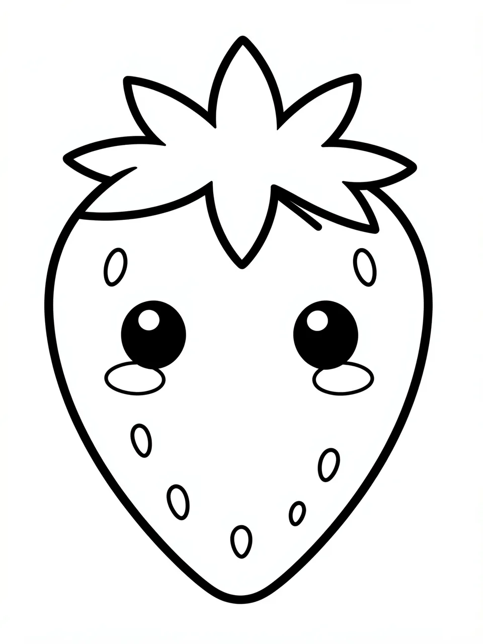 Black and white bold line art of a cute cartoon strawberry with leafy top and rosy cheeks on a plain white background