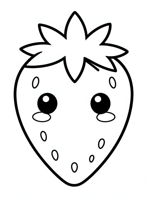 Black and white bold line art of a cute cartoon strawberry with leafy top and rosy cheeks on a plain white background