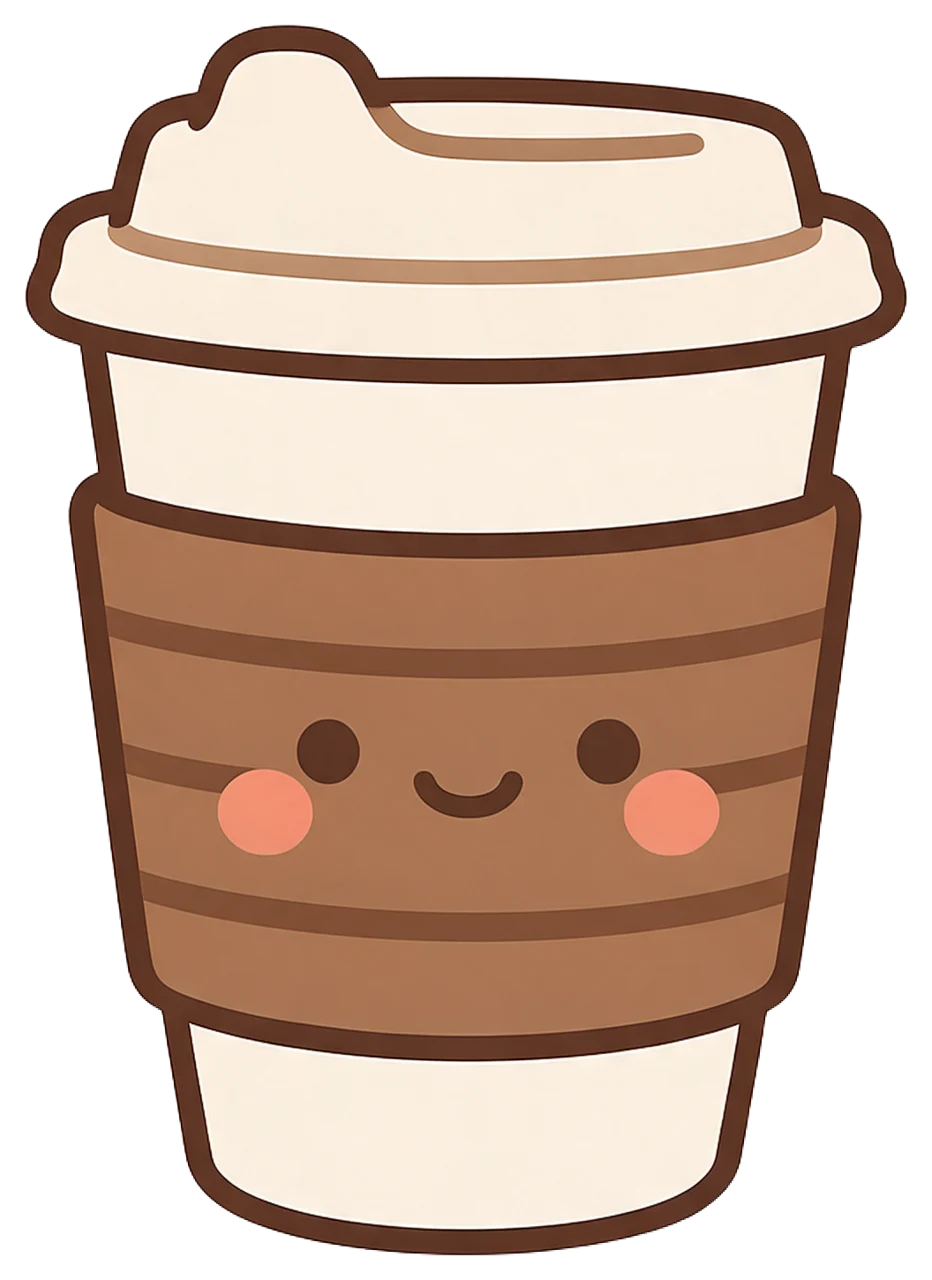 Cute kawaii illustrated takeaway coffee cup with a friendly smiling face on its brown sleeve