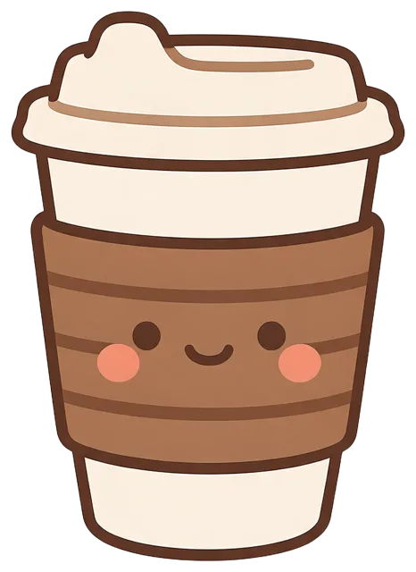 Cute kawaii illustrated takeaway coffee cup with a friendly smiling face on its brown sleeve
