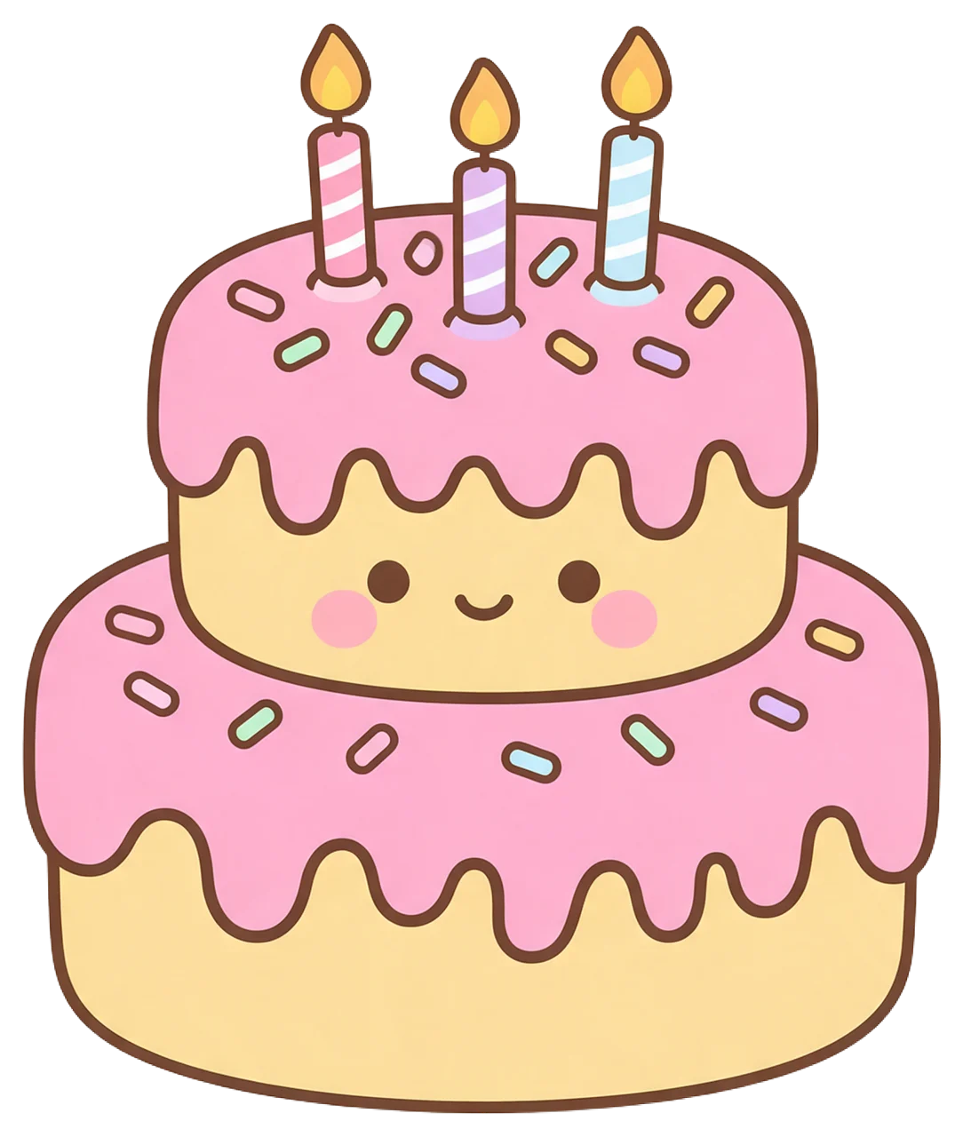 Cute illustrated two tier birthday cake with a smiling face, pink icing, sprinkles and three lit candles