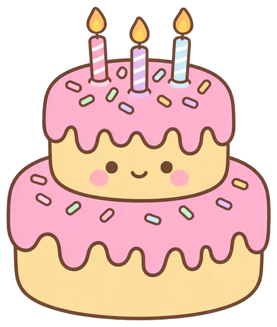Cute illustrated two tier birthday cake with a smiling face, pink icing, sprinkles and three lit candles