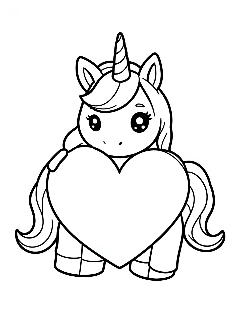 Black and white line art of a cute chibi unicorn holding a large heart for a coloring page