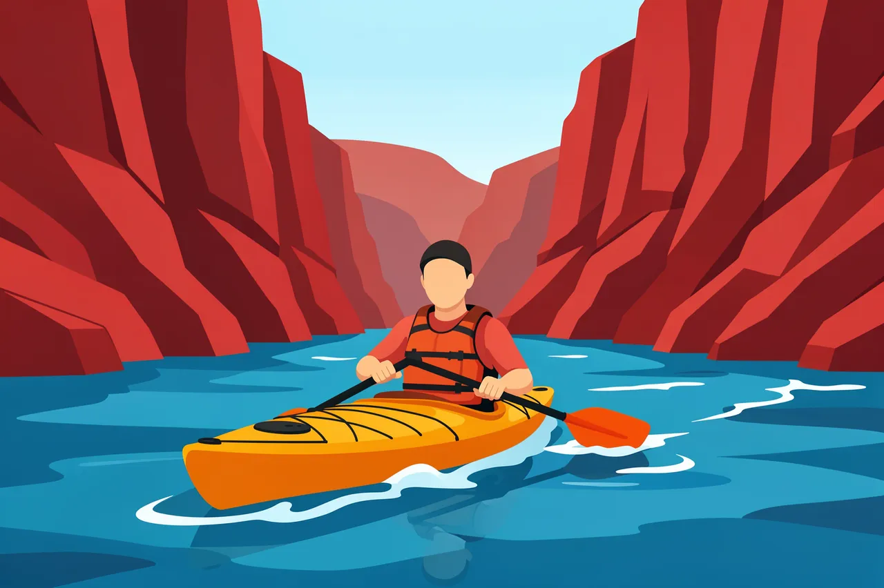 A faceless kayaker paddles a yellow kayak through a blue river between tall red canyon walls