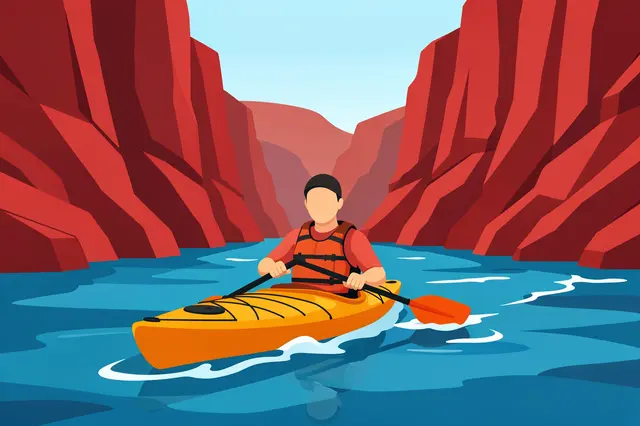 A faceless kayaker paddles a yellow kayak through a blue river between tall red canyon walls