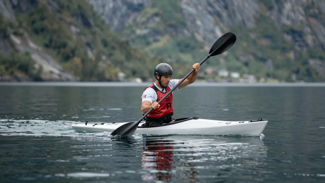A male kayaker in a helmet and life vest paddles a white kayak across still fjord water with steep rocky mountains in the