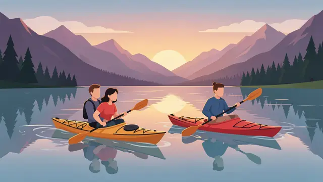 Three faceless people paddle kayaks on a calm mountain lake during a pastel sunrise between forested peaks