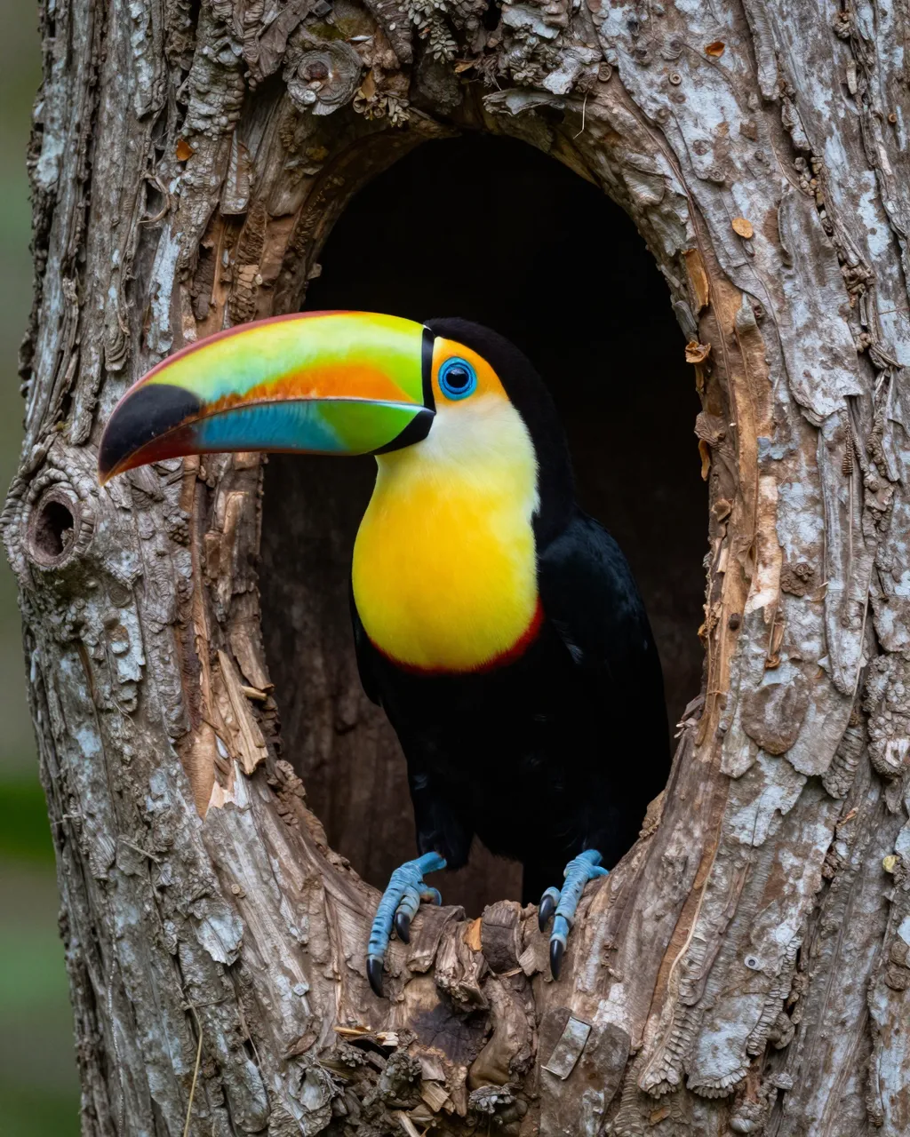 A keel-billed toucan with a rainbow bill peers out from a hollow in a weathered tree trunk.