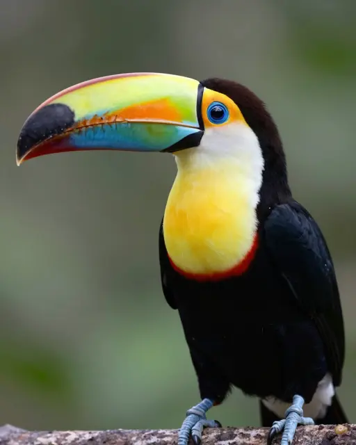 A sharp close-up portrait of a keel-billed toucan perched on a branch against blurred green foliage.