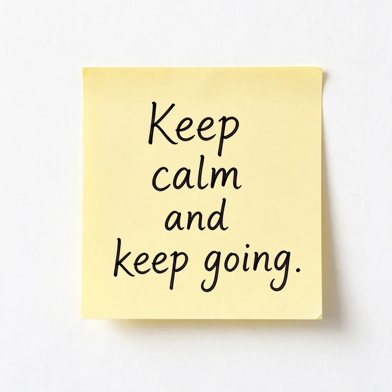 Yellow sticky note on a white wall with handwritten text reading "Keep calm and keep going."