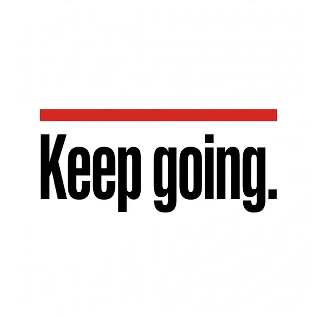 Swiss style typographic design with bold black "Keep going." text, a red accent bar, on an off-white background