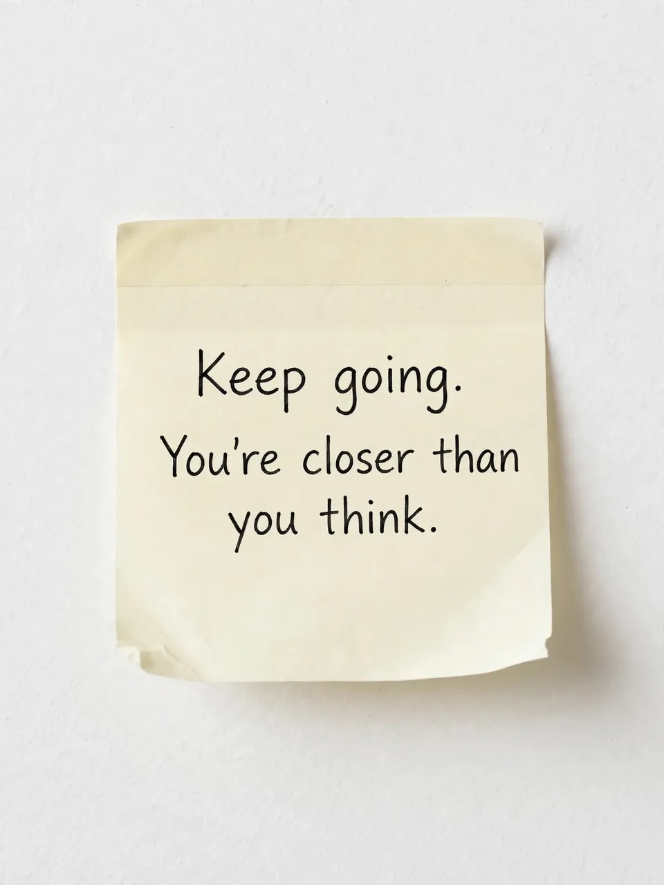 A cream sticky note on a white wall displays the text "Keep going. You're closer than you think." in black ink