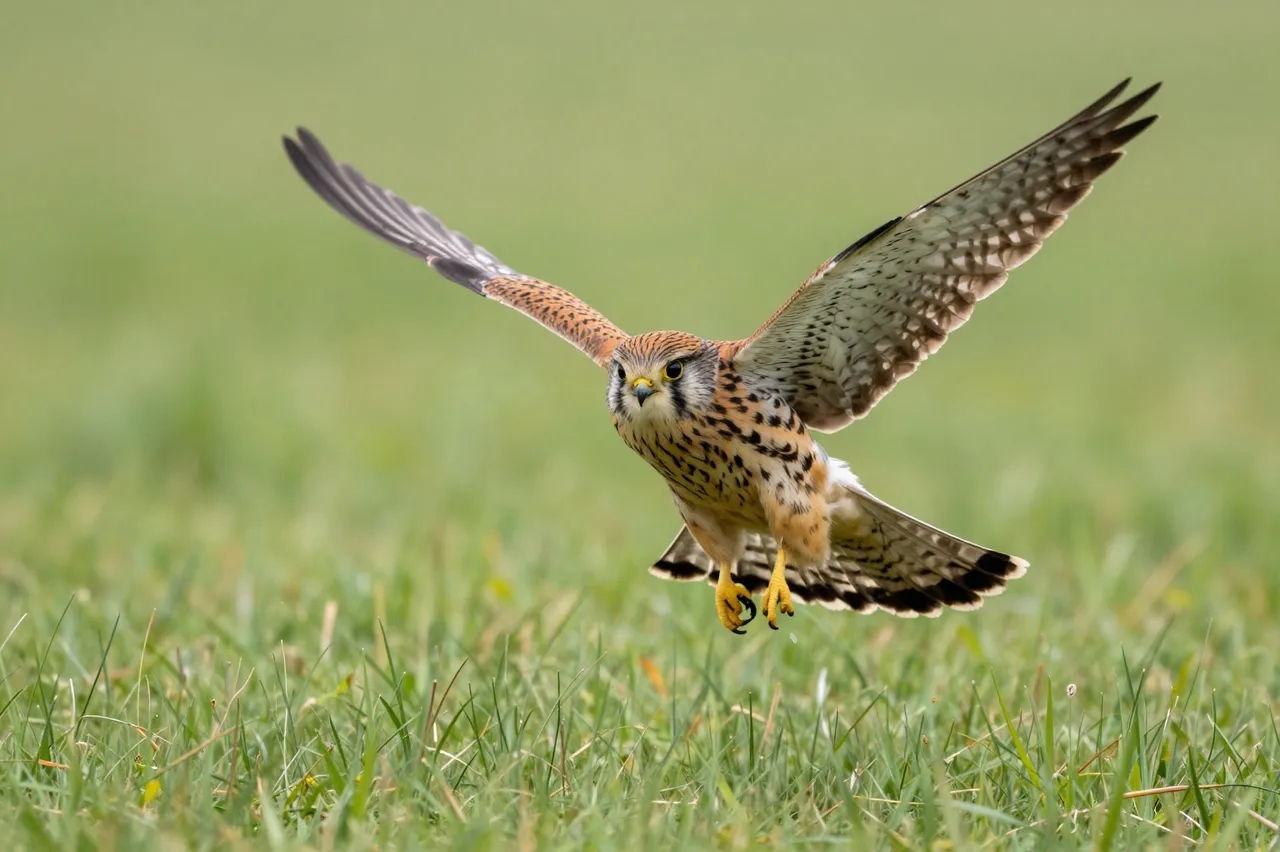 A common kestrel with spread wings and fanned tail hovers low above a grassy meadow, facing the camera.