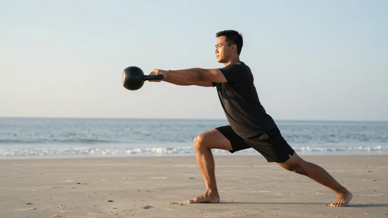 Side view of a Southeast Asian man performing a kettlebell exercise on a sandy beach at sunrise