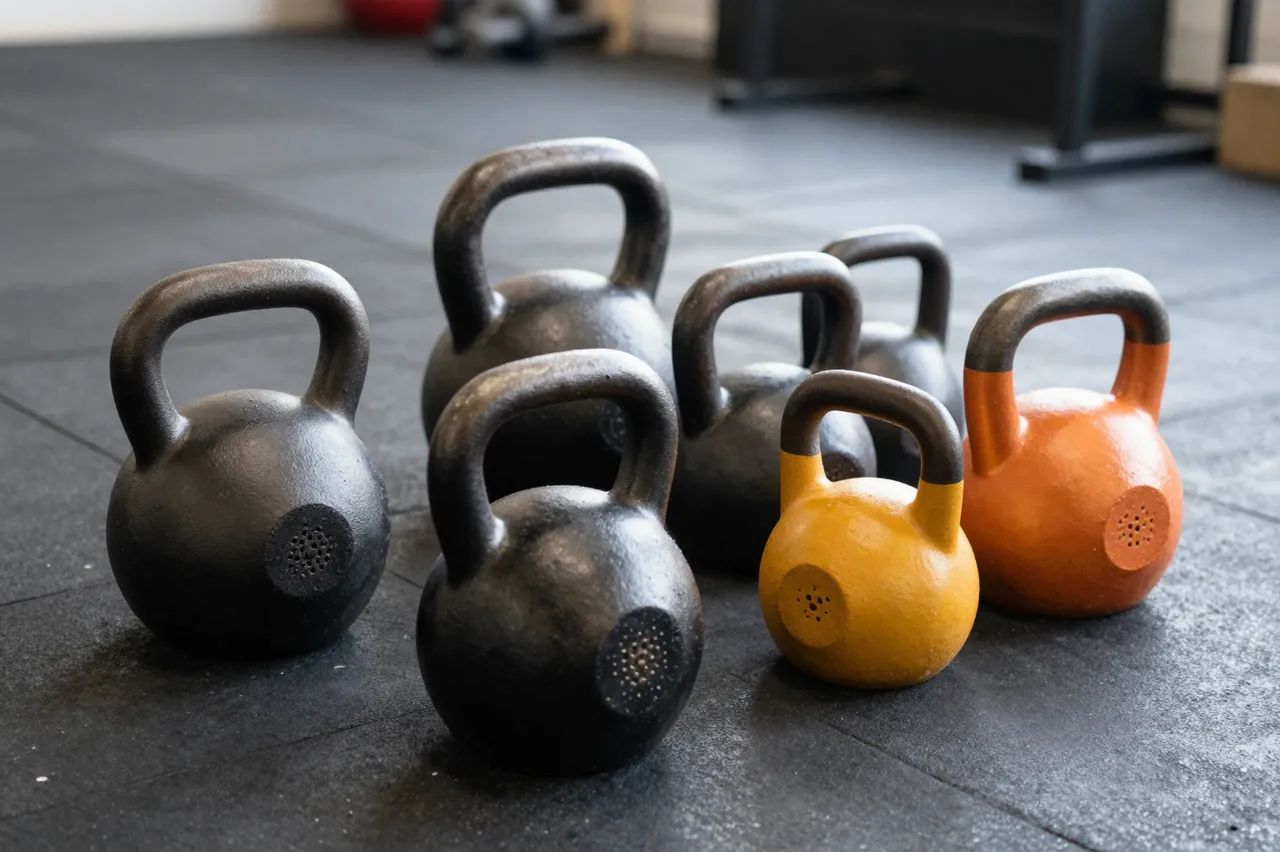A group of differently sized colored kettlebells rests on a dark rubber gym floor.