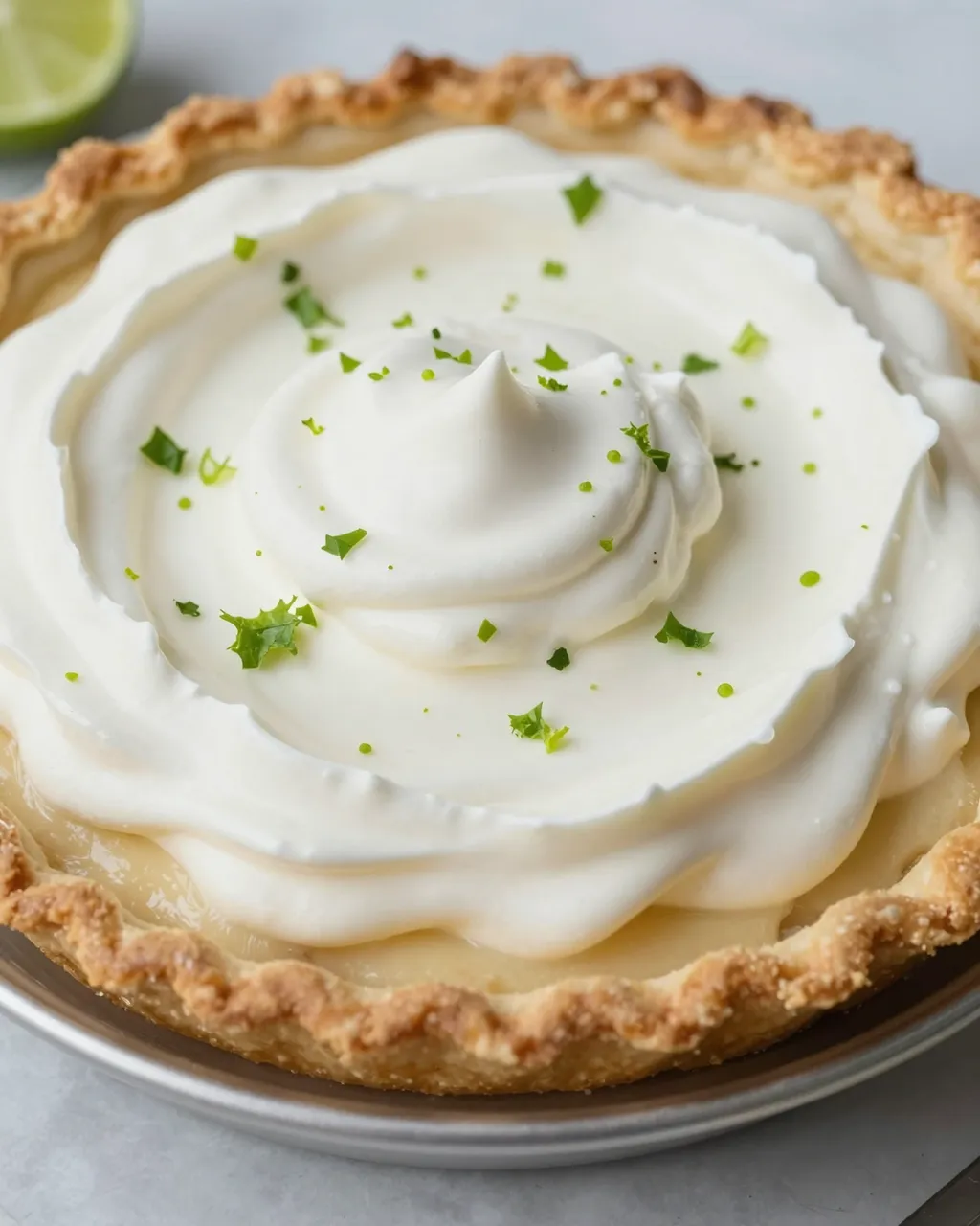 Close-up of a key lime pie topped with swirled whipped cream and lime zest, with a partial lime slice in the background
