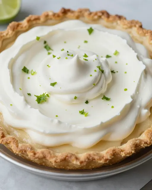 Close-up of a key lime pie topped with swirled whipped cream and lime zest, with a partial lime slice in the background