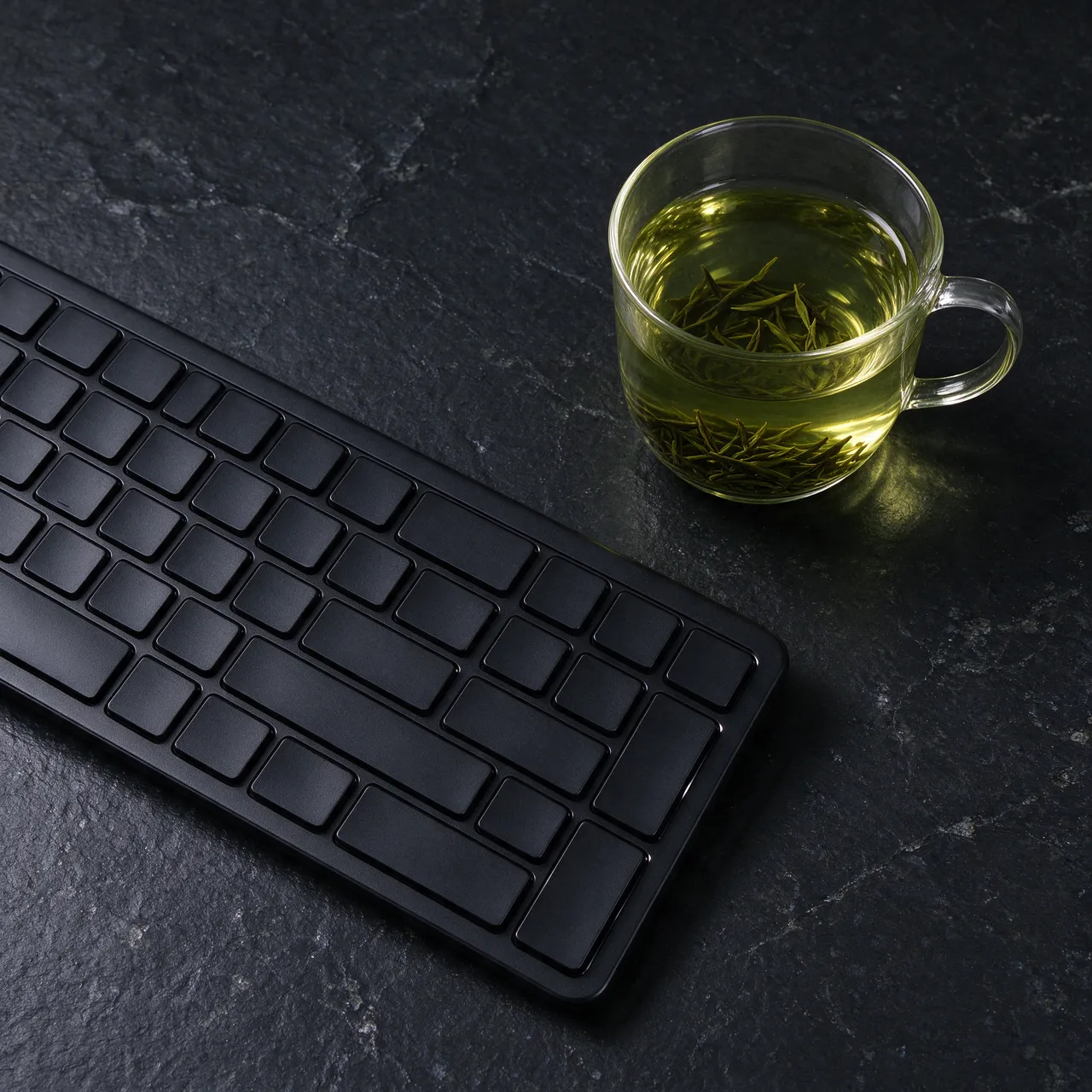 Overhead view of a black blank-key keyboard next to a glass cup of green tea on a dark slate desk