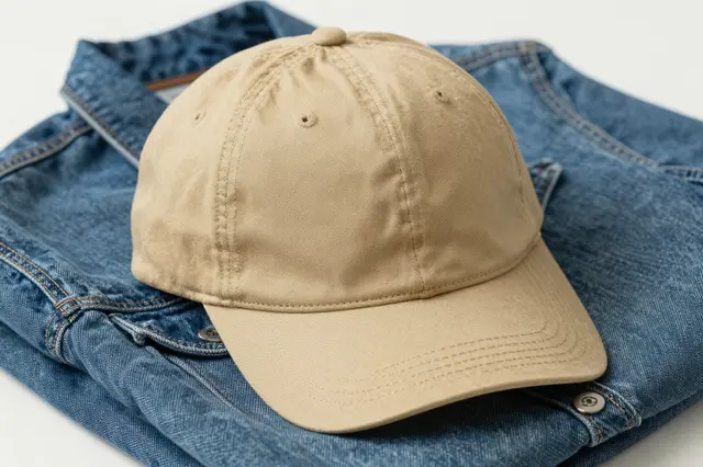 A plain khaki baseball cap rests centered on top of a folded blue denim jacket in soft diffused light.
