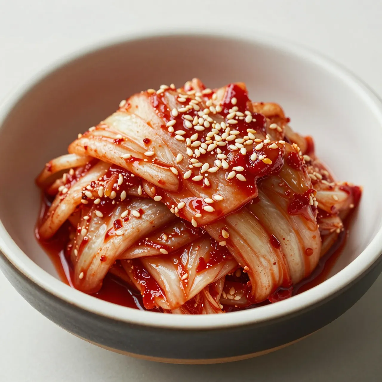 Spiced napa cabbage kimchi topped with sesame seeds rests in a two-tone ceramic bowl on a light neutral surface