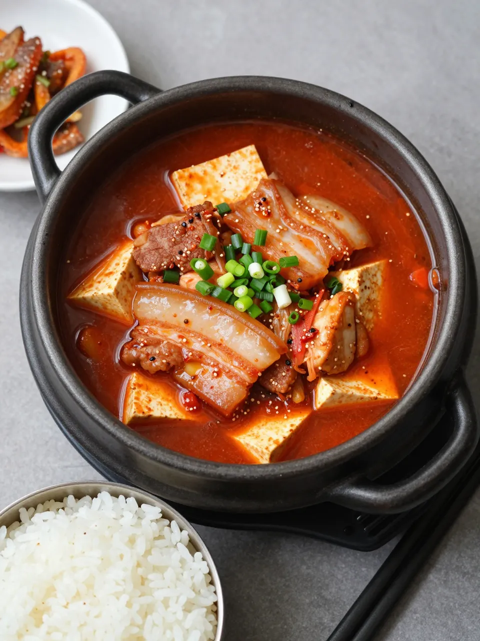 Overhead view of kimchi jjigae stew in a stone pot with rice and side dishes on a gray table