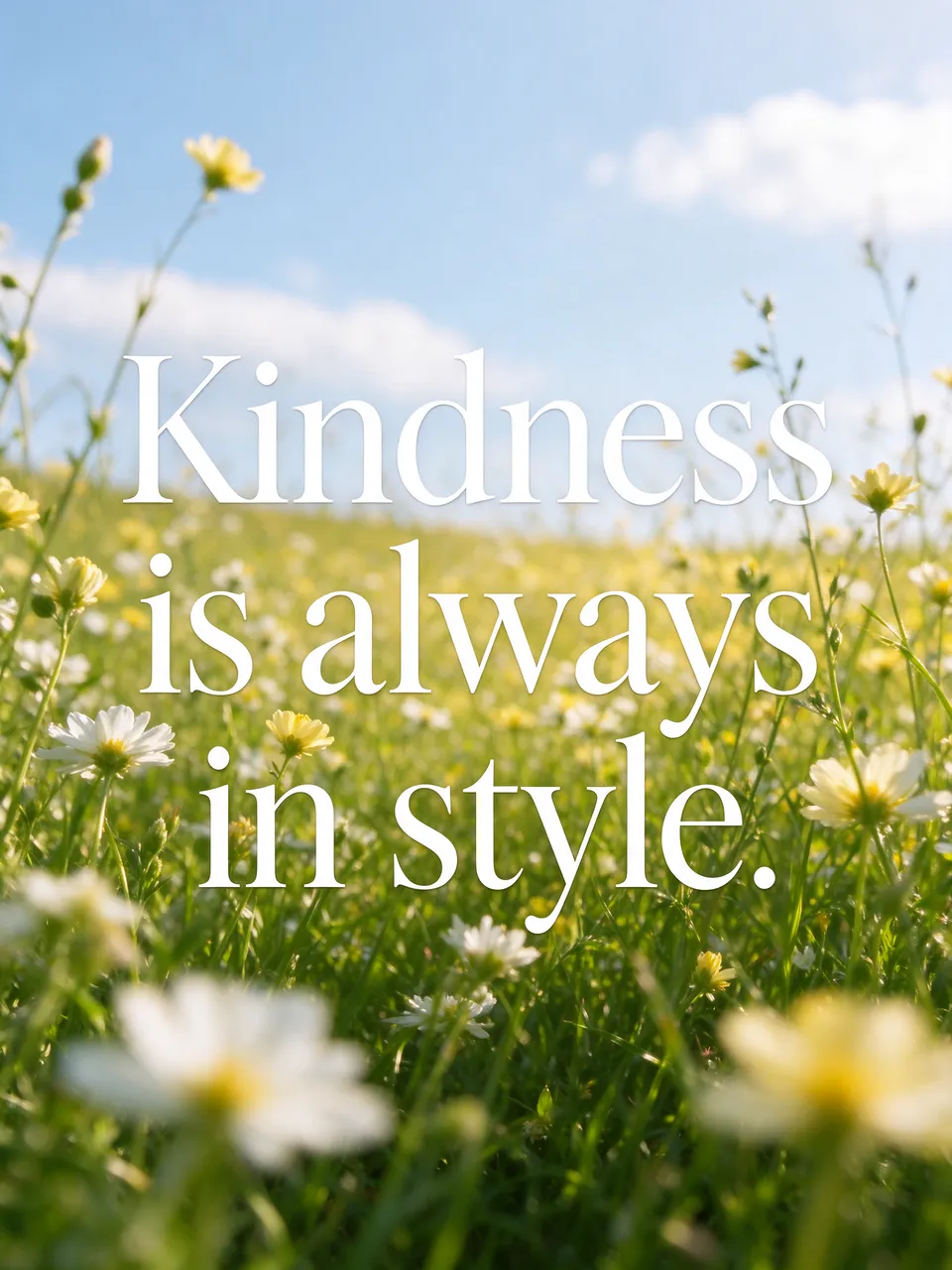 White serif quote "Kindness is always in style." over a soft focus sunlit wildflower meadow under a pale blue sky