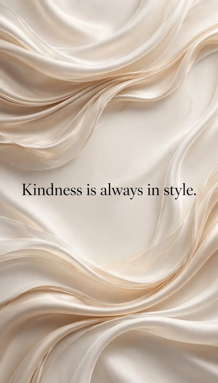 Elegant flowing champagne silk background with black serif text reading "Kindness is always in style."