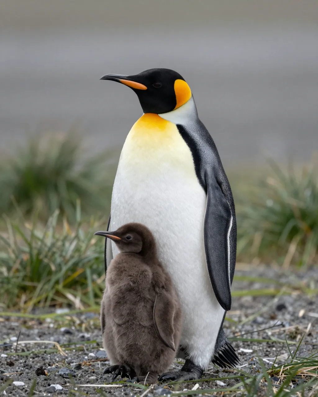 An adult king penguin stands beside its fluffy brown down chick on a pebbly grassy shore under soft gray light