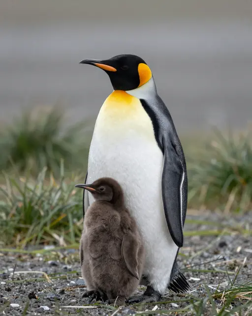 An adult king penguin stands beside its fluffy brown down chick on a pebbly grassy shore under soft gray light