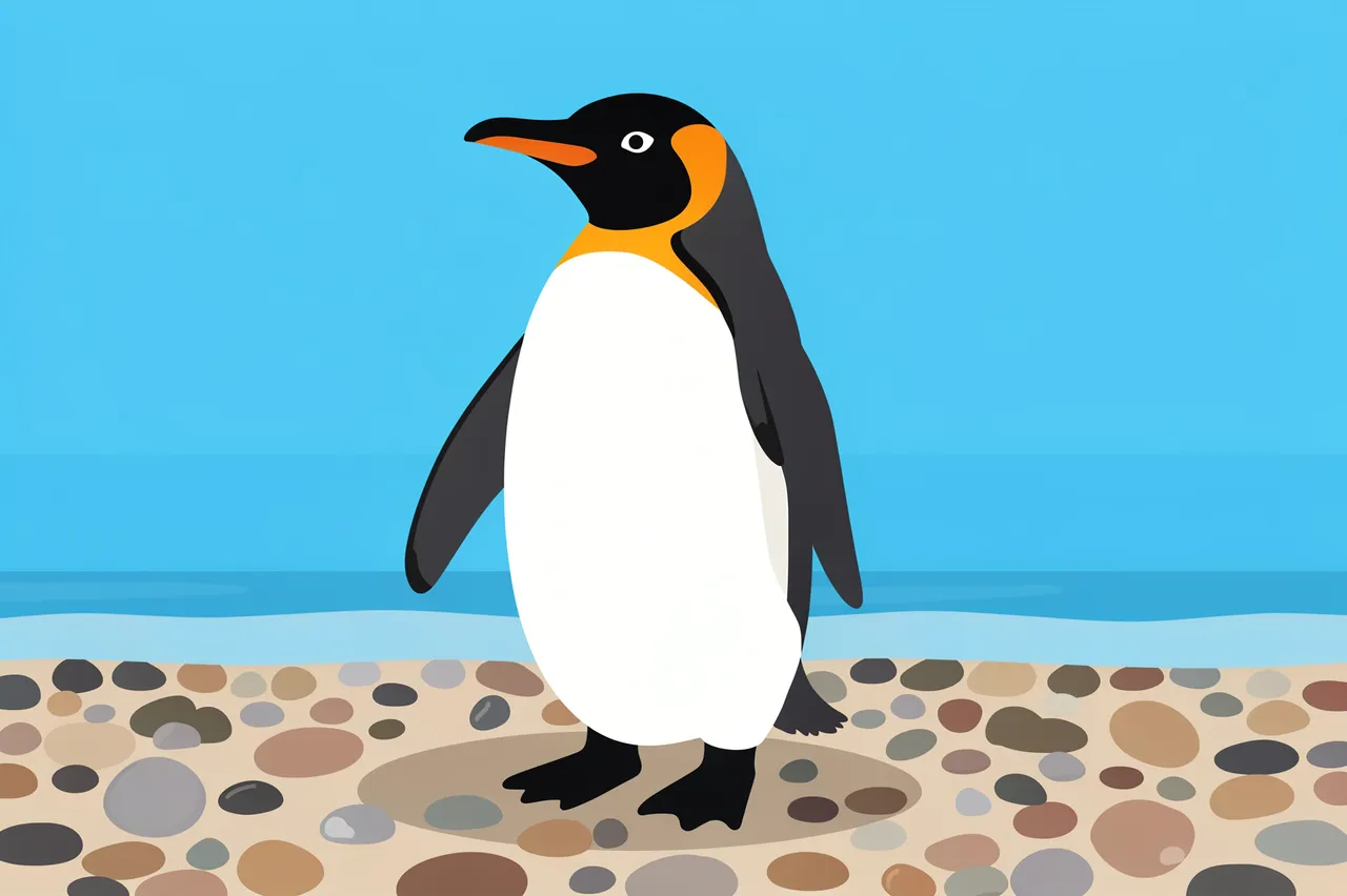 Flat vector illustration of a king penguin standing on a pebbled shore next to calm blue water
