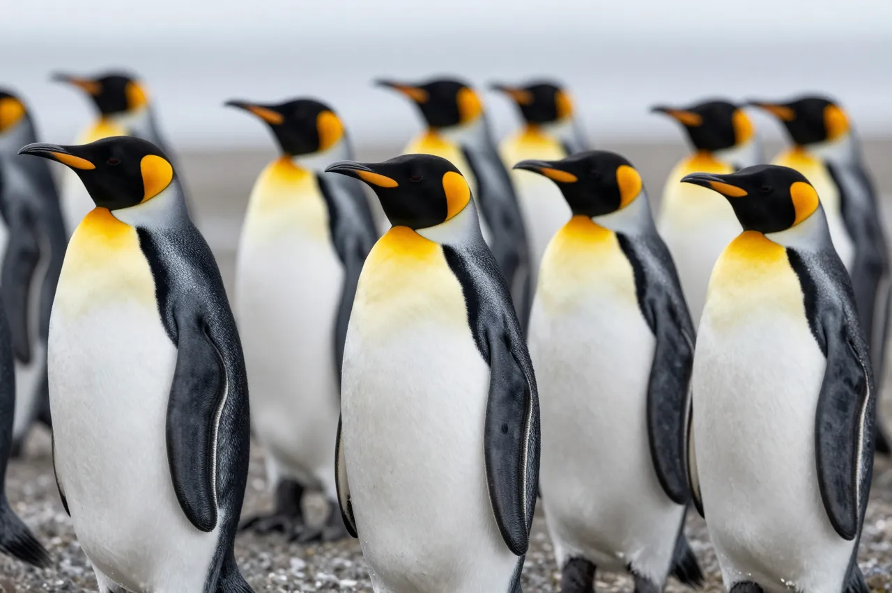 A group of king penguins stands in formation on a gravel coastal shore under overcast skies.