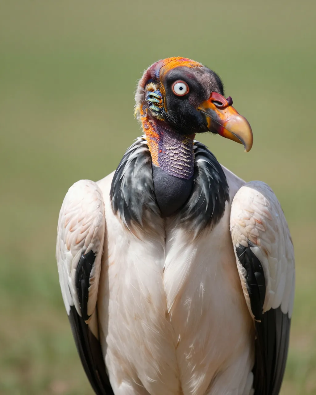 Close-up portrait of a king vulture with a vibrantly colored head against a soft blurred green background