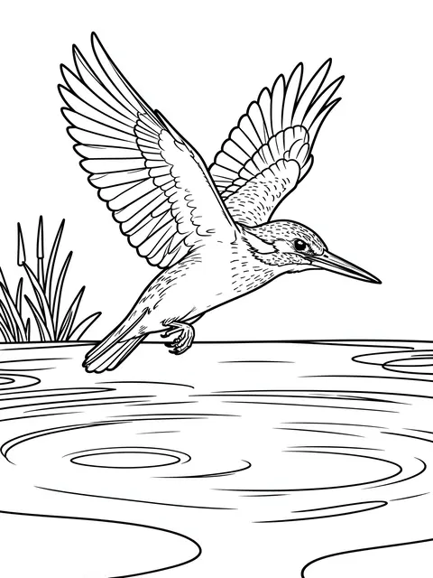 Black and white line art of a kingfisher flying low over pond water with reeds at the edge