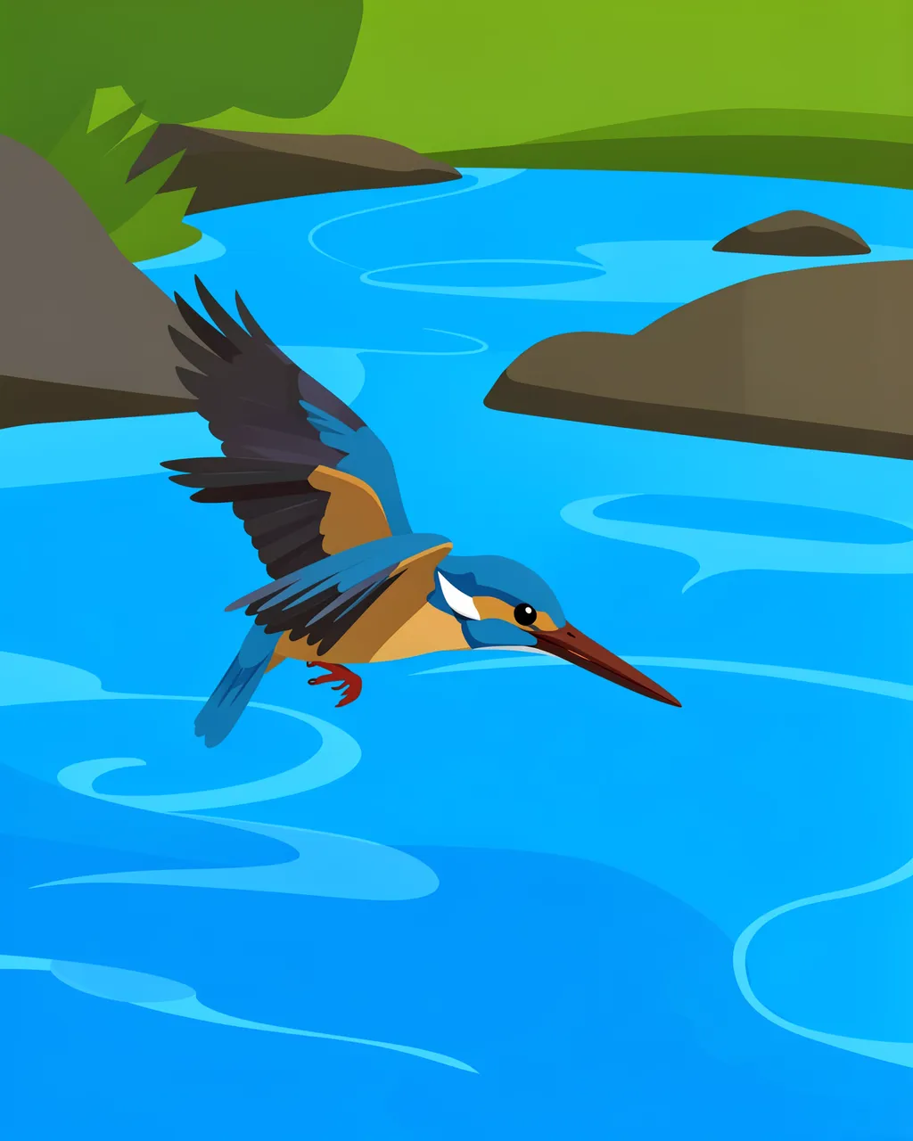 A flat vector kingfisher dives toward a bright blue winding river lined with rocks and green riverbank foliage