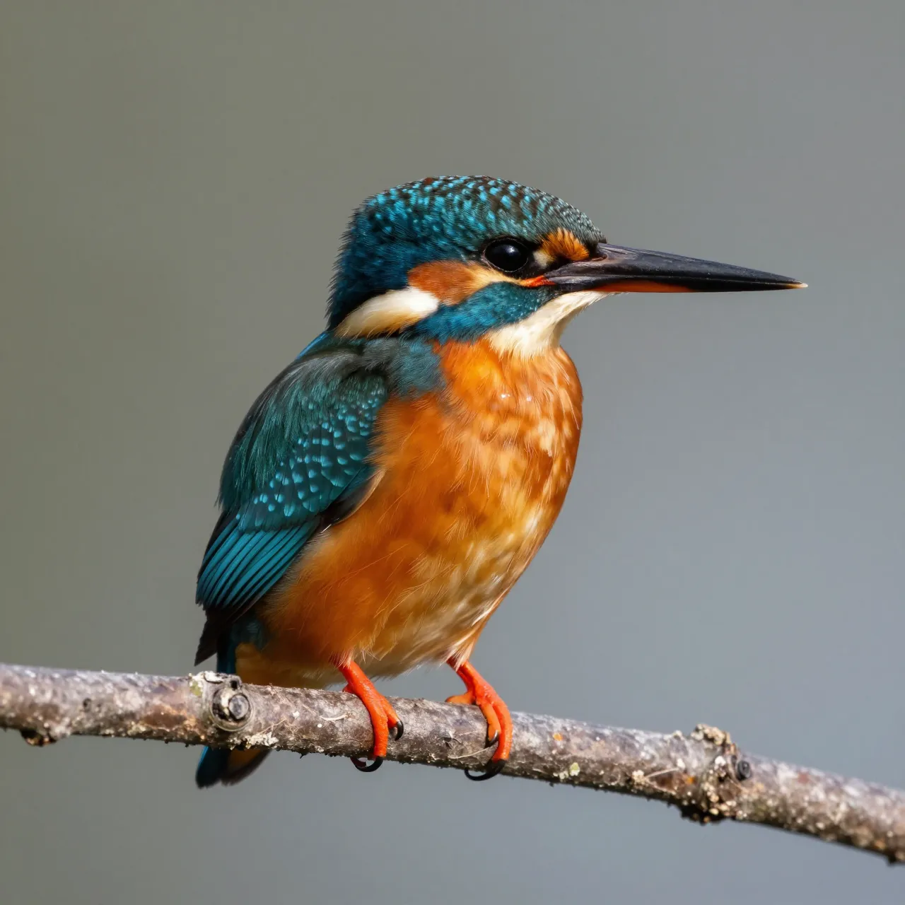 A vibrant common kingfisher perches steadily on a thin wooden branch against a soft blurred background.