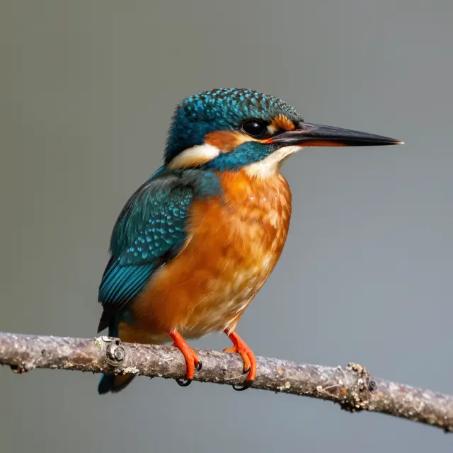 A vibrant common kingfisher perches steadily on a thin wooden branch against a soft blurred background.