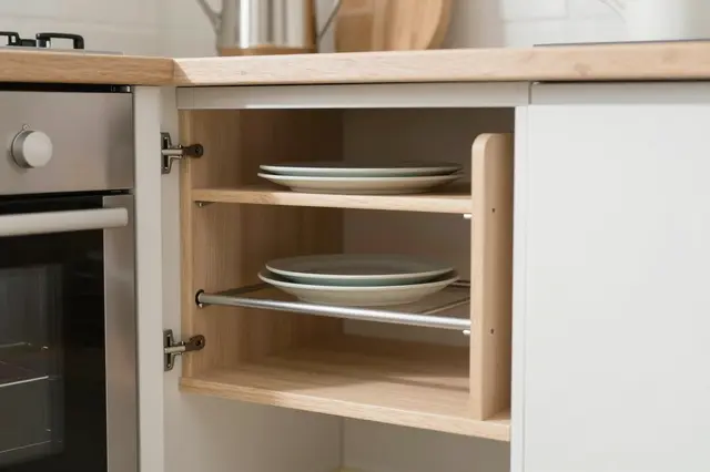 Open pull-out kitchen cabinet holding stacked plates next to a built-in oven in a bright small kitchen