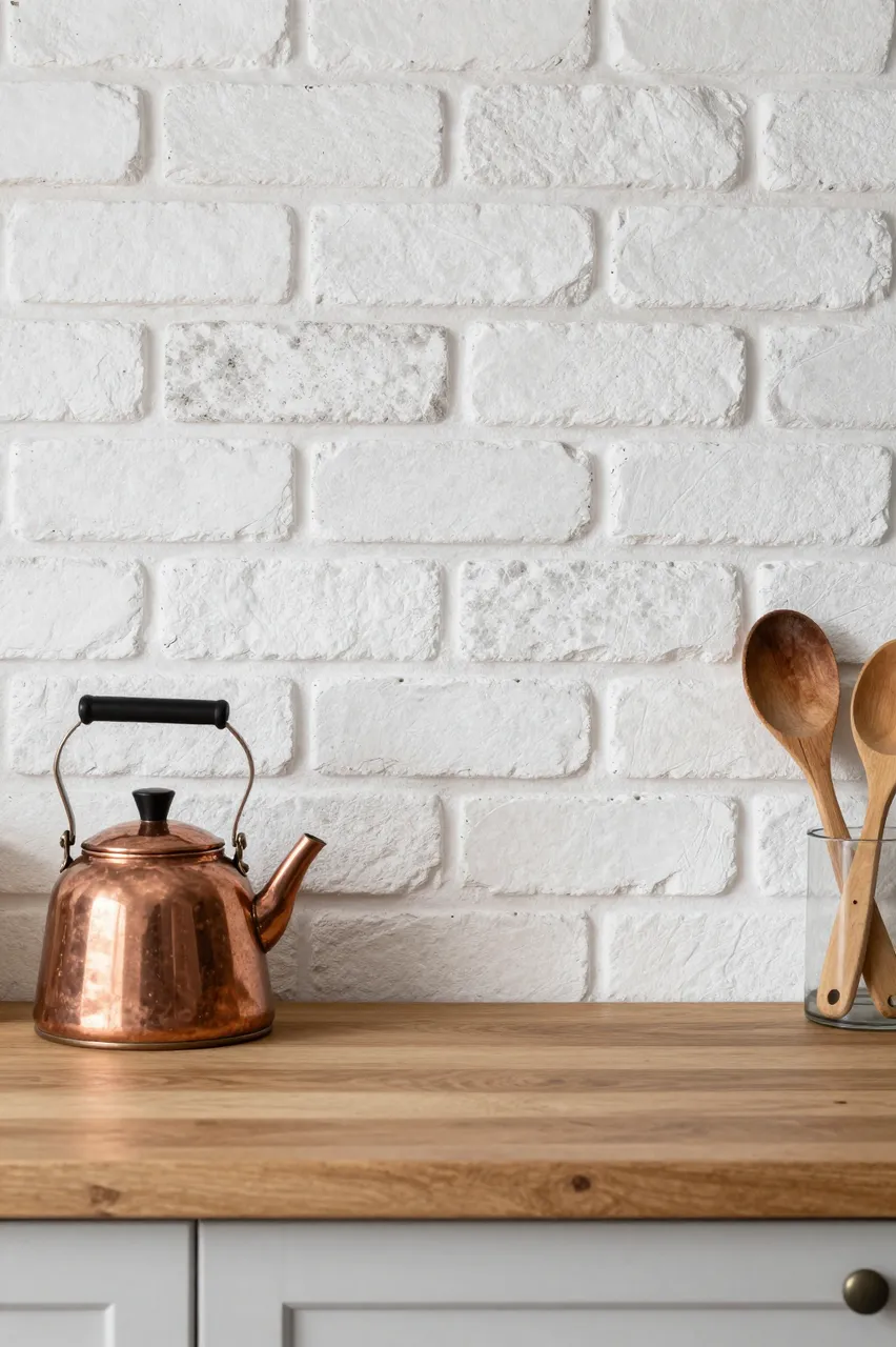 Copper kettle and wooden spoons rest on an oak counter against a whitewashed brick backsplash