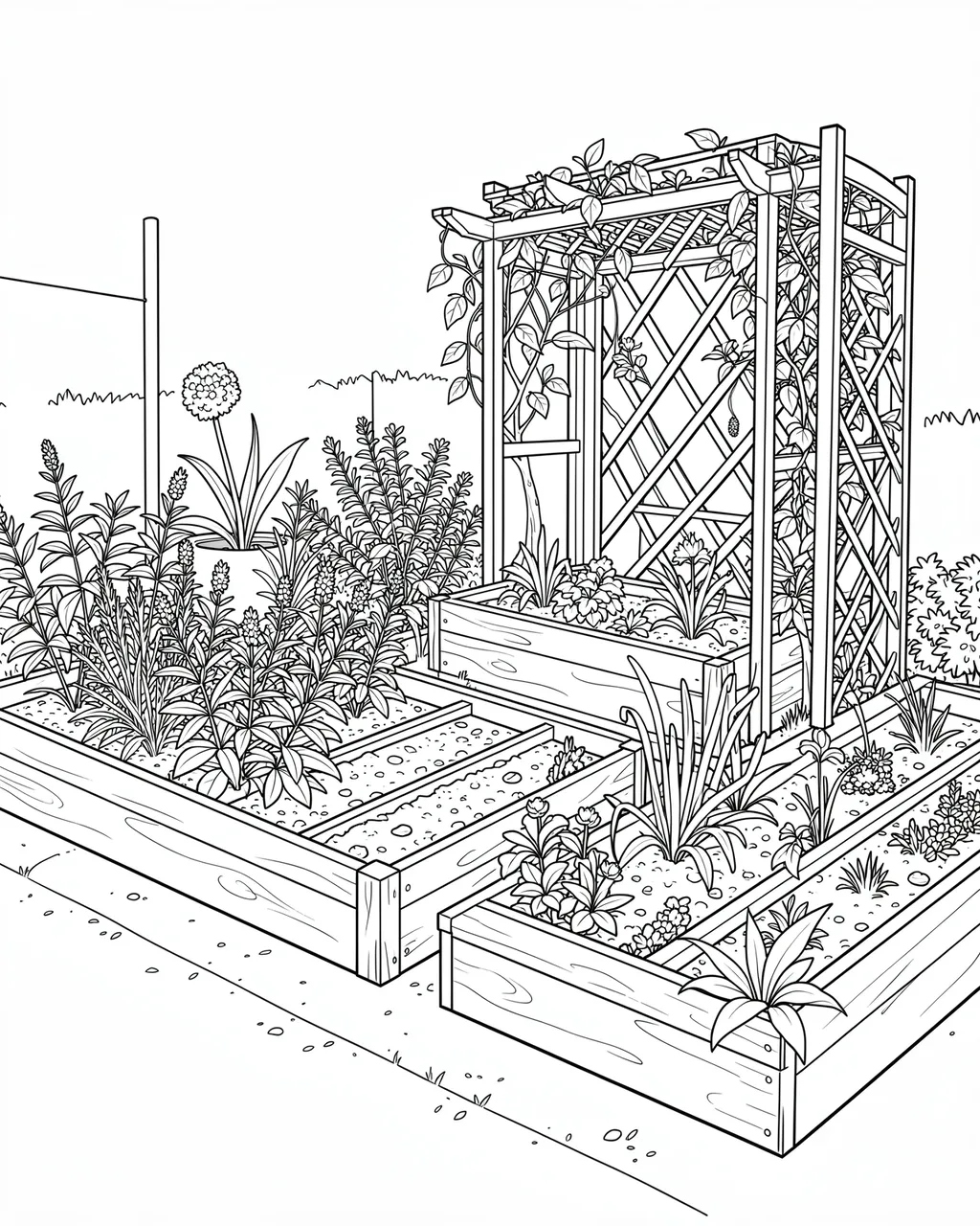 Black and white line art showing a detailed kitchen garden with raised beds, herbs and a climbing trellis on a plain white