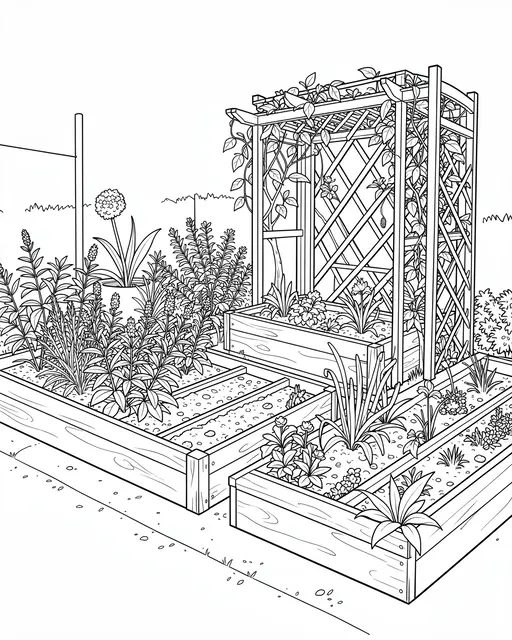 Black and white line art showing a detailed kitchen garden with raised beds, herbs and a climbing trellis on a plain white