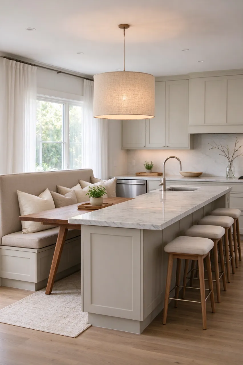 Bright modern kitchen with long marble island, banquette seating and linen drum pendant light