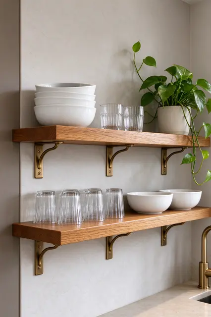 Two thick oak wall shelves with brass brackets hold dishware and a trailing pothos plant beside a kitchen sink