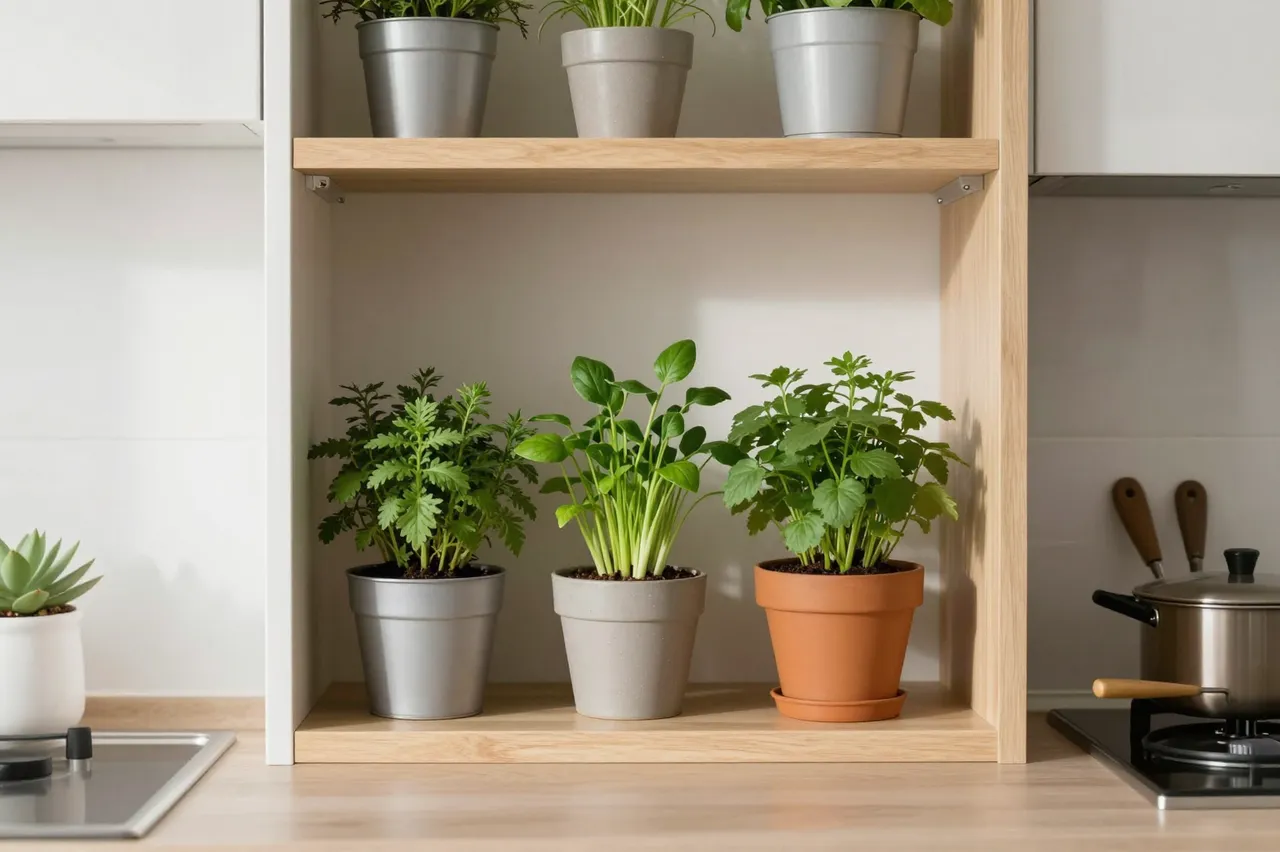 Wooden open kitchen shelving holds an arrangement of potted herbs above a countertop