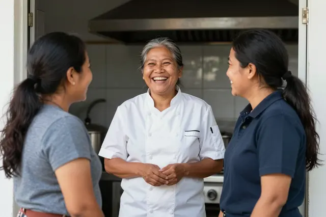 Three women laugh together while standing in a restaurant kitchen doorway during a work break